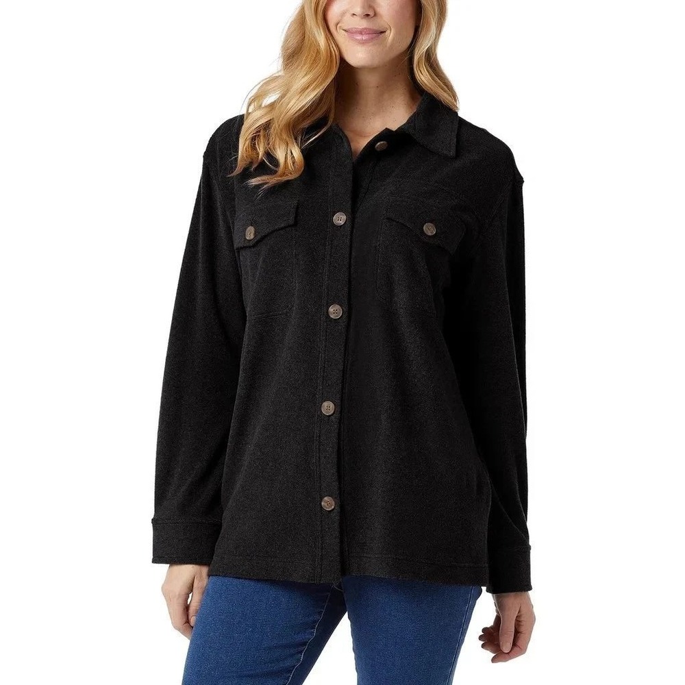 NWT 32 Degrees Heat Women's M  Black Fleece Button Up Shirt Cotton Blend
